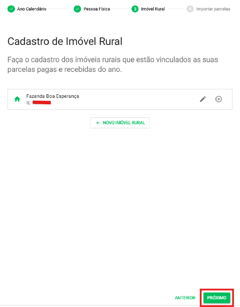 Tela de cadastro de imóveis rurais com participação por pessoa física