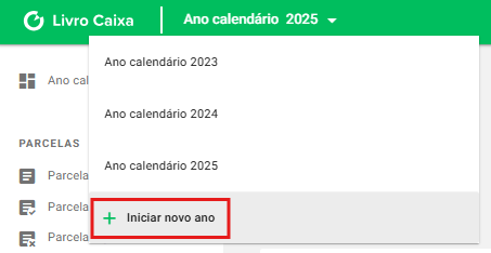 Botão Iniciar novo ano na seção Ano Calendário do LCDPR