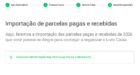 Tela de importação de parcelas pagas do Aegro para o LCDPR