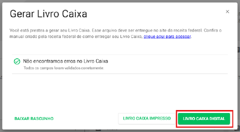 Tela de confirmação da geração do arquivo digital do Livro Caixa