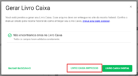 Tela de confirmação da geração do Livro Caixa impresso