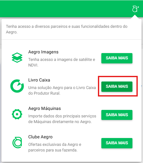 Botão SAIBA MAIS do Livro Caixa na área de Integrações do Aegro