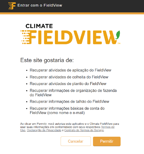 Tela de permissões e termos de uso do FieldView