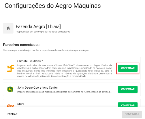 Tela de configurações com parceiros disponíveis para conexão