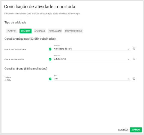 Tela de conciliação de insumos, máquinas e áreas do FieldView