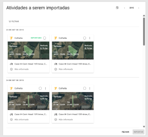 Tela de seleção de atividades do FieldView para importação