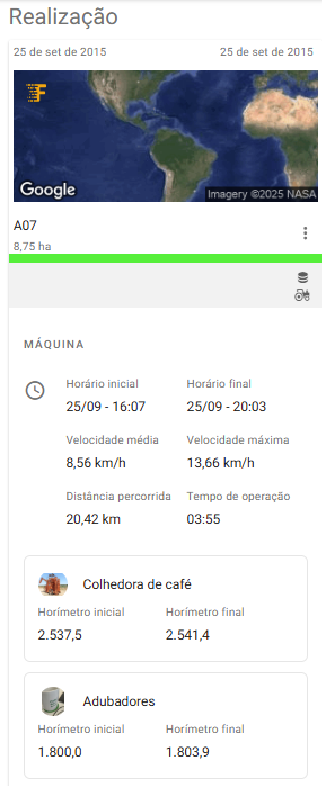 Detalhes da atividade importada com informações de máquina e operação