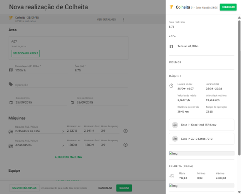 Tela de registro de atividade com dados importados do FieldView