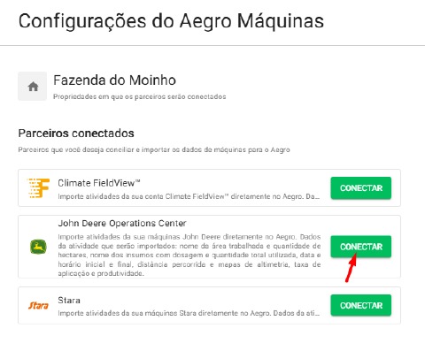 Tela de configurações com parceiros disponíveis para conexão
