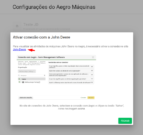 Tela de conexão no My Operations da John Deere