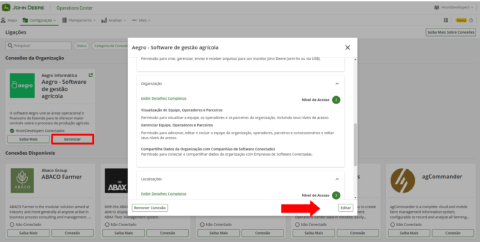 Tela de gerenciamento da conexão com o Aegro no Operations Center