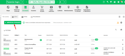 Botão Importar atividades na safra com contador de atividades