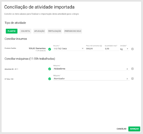 Tela de conciliação de insumos, máquinas e áreas importadas