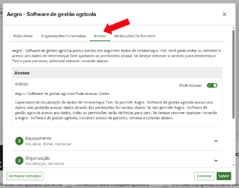 Tela de configuração das permissões de acesso da conexão