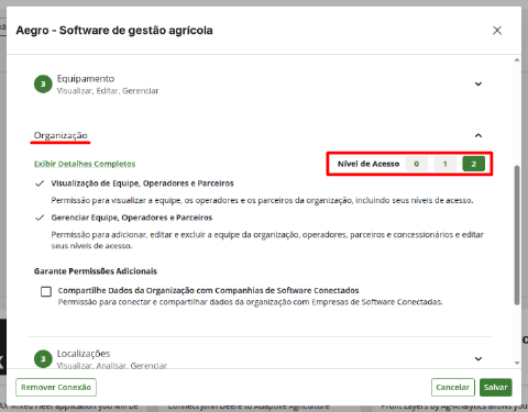 Seção Organização com nível de acesso 2 ou 3 selecionado