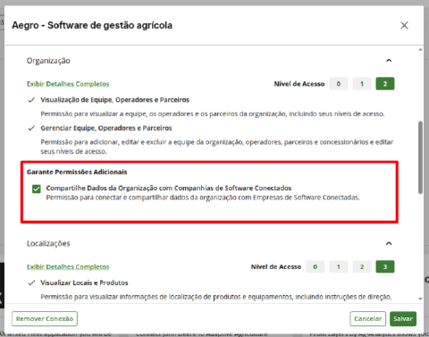 Opção de compartilhamento de dados da organização ativada