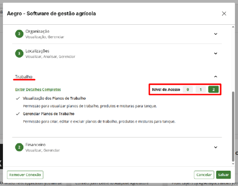 Seção Trabalho com nível de acesso 2 ou 3 selecionado