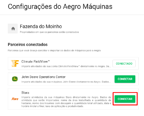 Tela de configurações com parceiros disponíveis para conexão