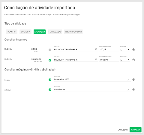 Tela de conciliação de insumos, máquinas e áreas da Stara