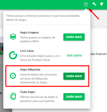 Tela de apresentação do Aegro Máquinas no menu de integrações