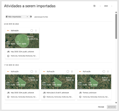 Tela de seleção de atividades da Stara para importação