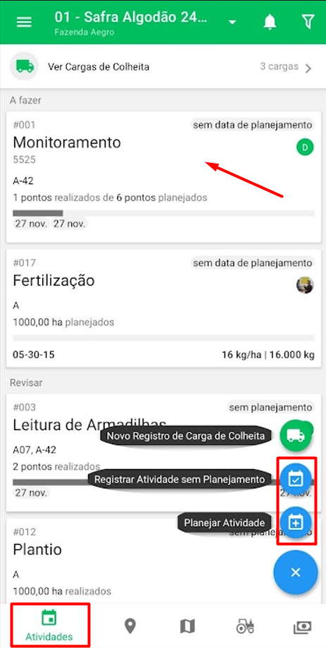 Aba Atividades com monitoramentos registrados na safra