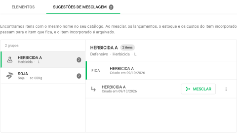 Aba Sugestões de mesclagem do Catálogo, com os grupos de itens repetidos à esquerda e o grupo aberto à direita, mostrando o item que fica e o item a incorporar
