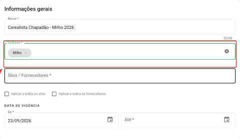 Bloco Informações gerais com a cultura Milho selecionada no campo Culturas