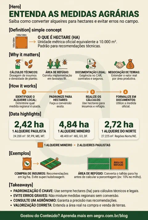 Infográfico educativo sobre 1 Alqueire Equivale A Quantos Hectares