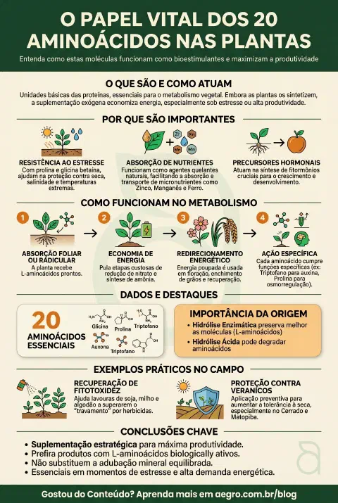 Infográfico educativo sobre 20 Aminoacidos E Suas Funcoes