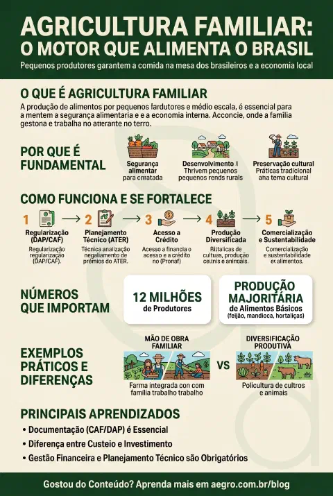 Infográfico educativo sobre Agricultura Familiar Alimenta O Brasil