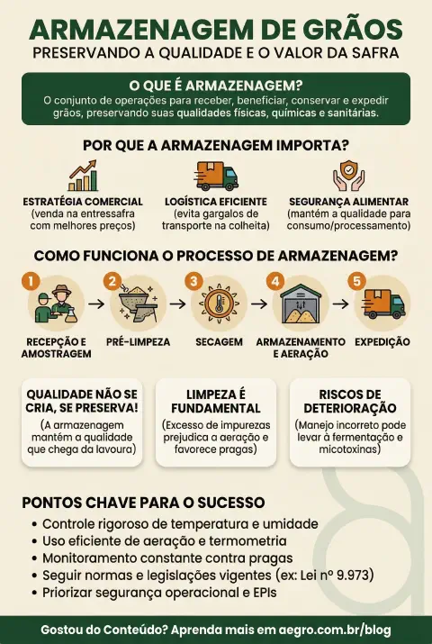 Infográfico educativo sobre Armazenagem De Grãos