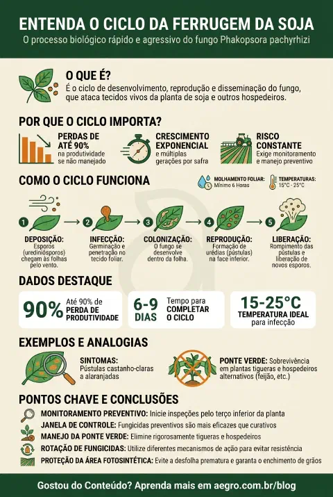 Infográfico educativo sobre Ciclo Da Ferrugem Da Soja