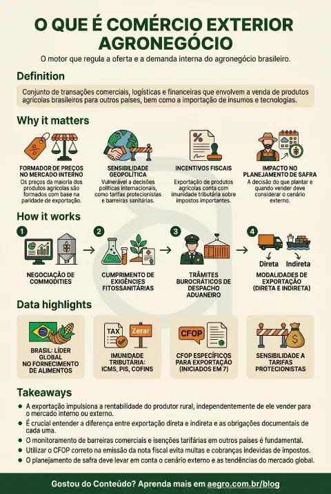 Infográfico educativo sobre Comércio Exterior Agronegócio