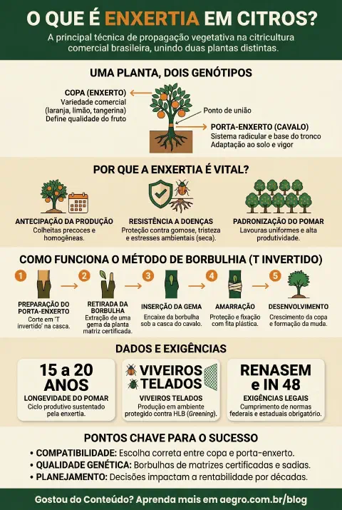 Infográfico educativo sobre Enxertia Em Citros