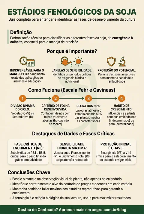 Infográfico educativo sobre Estádios Fenológicos Da Soja