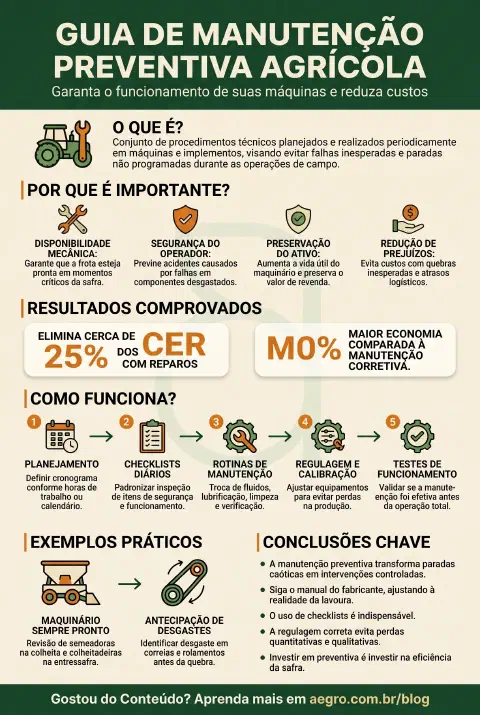 Infográfico educativo sobre Manutenção Preventiva Agrícola