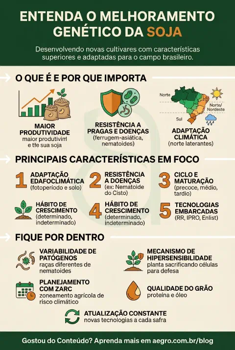 Infográfico educativo sobre Melhoramento Genético Da Soja