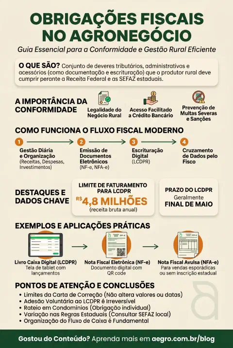 Infográfico educativo sobre Obrigações Fiscais Agronegócio