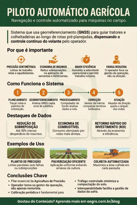 Infográfico educativo sobre Piloto Automático Agrícola