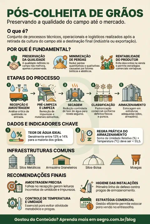 Infográfico educativo sobre Pós Colheita De Grãos
