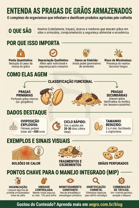 Infográfico educativo sobre Pragas De Grãos Armazenados