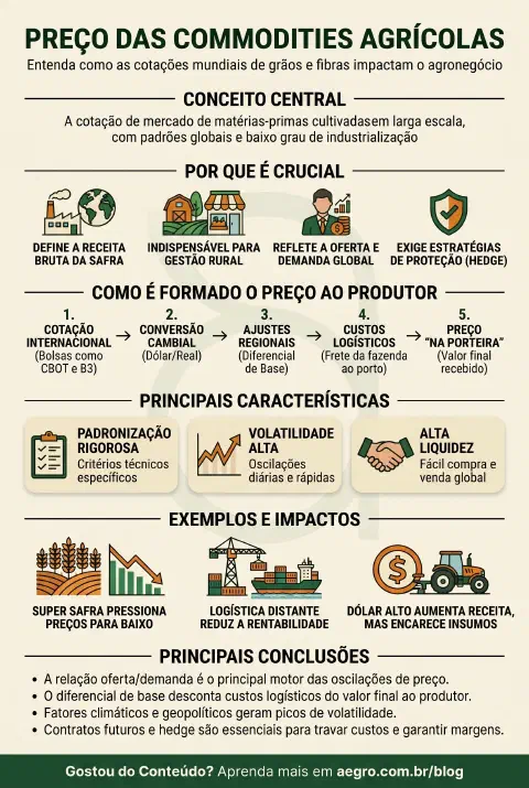 Infográfico educativo sobre Preço Das Commodities Agrícolas