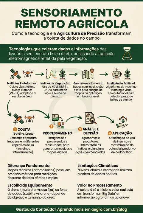 Infográfico educativo sobre Sensoriamento Remoto Agrícola