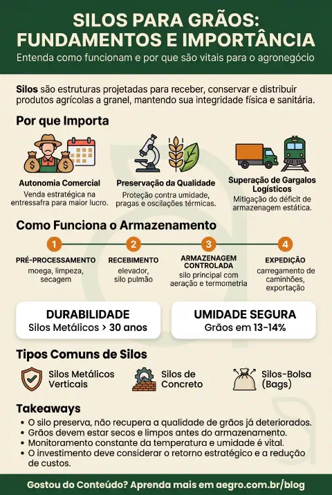 Infográfico educativo sobre Silos Para Grãos