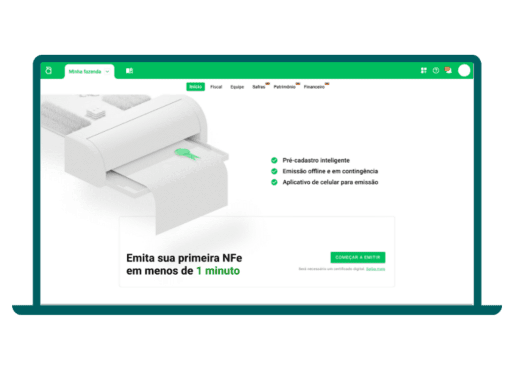 Laptop exibindo a aba de emissor de notas fiscais no software.