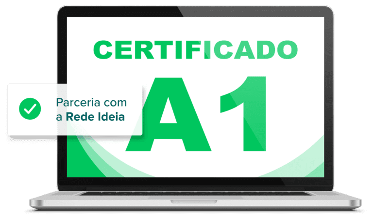 Laptop mostrando "Certificado A1" e texto "Parceria com a Rede Ideia" em caixa de texto.