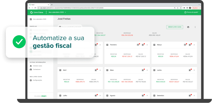 Laptop exibindo a tela do Aegro na funcionalidade de gestão do Livro Caixa, com a caixa "automatize a sua gestão fiscal".