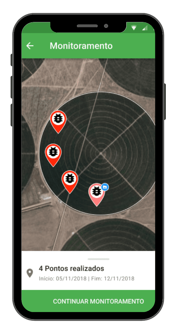 Celular com o app do Aegro, mostrando a funcionalidade de monitoramento de pragas com um mapa marcando os pontos.