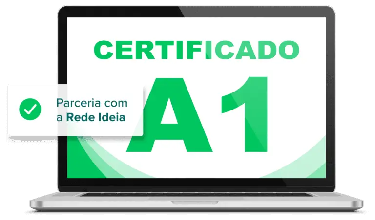 Laptop mostrando "Certificado A1" e texto "Parceria com a Rede Ideia" em caixa de texto.